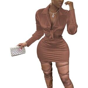 LuFeng Satin Caramel Brown Tie Front Long Sleeve 2 Crop Top Sz L